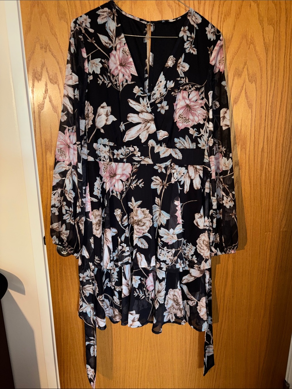 Black Floral V-Neck Long Sleeve Dress - Pink & Cream Flowers